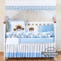 Kit Protetor Berço Americano Trança Urso Familia Azul Menino 12 peças com Saia Berço e mosquiteiro