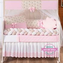 Kit Protetor Berço Americano Trançado Menina Florido Laço Doce de Bebê Rosa 12 com saia de berço Kit Protetor Berço Americano Trançado Menina Florido Laço Doce de Bebê Rosa 12 com saia de berço