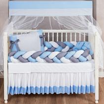 Kit Protetor Berço Classic Lateral 2Tranças Menino Azul e Cinza com almofada nó escandinava 12 peças
