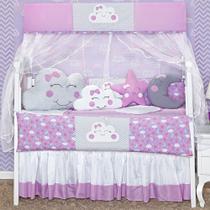 Kit Protetor Berço Completo 2 Lateral 12 Peças Cabeceira Nuvem Estrela e Lua Lilás Menina