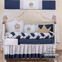 Kit Protetor Berço Completo Americano 12 peças Cabeceira Coroa Principe Marinho Menino