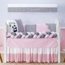 Kit Protetor Berço Completo Americano Trançado Ursinho Panda Menina Rosa 14 peças