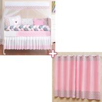 Kit Protetor Berço Completo Americano Urso Baby Rosa Menina + Cortina Ilhós Triangulo 12 peças Kit Protetor Berço Completo Americano Urso Baby Rosa Menina + Cortina Ilhós Triangulo 12 peças