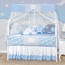 Kit Protetor Berço Completo Chuva de Amor Cabeceira Nuvem Gota e Lua Azul 2 laterais 12 peças