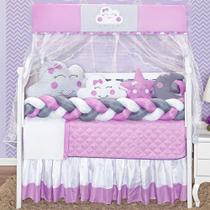 Kit Protetor Berço Completo Chuva de Amor Cabeceira Nuvenzinha Gota e Lua Lilás 2 Tranças 12 peças