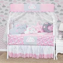 Kit Protetor Berço Completo Chuva de Amor Cabeceira Nuvenzinha Gota e Lua Rosa 2 laterais 12 peças