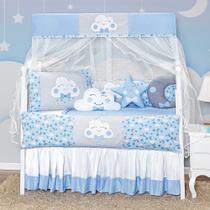 Kit Protetor Berço Completo Chuva de Amor Nuvem Gota e Lua Azul 2 laterais 12 peças