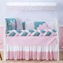 Kit Protetor Berço Completo Coelhinha Rosa Verde 14 peças