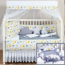 Kit Protetor Berço Completo + Ninho Redutor Trança Estampado 2 laterais Safari Cinza Algodão