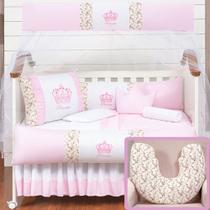 Kit Protetor Berço Coroinha 2 Laterais Padrão Rosa Menina + Almofada Amamentação 12 peças