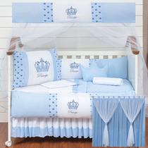 Kit Protetor Berço Cortina para quarto de bebê menino Coroa 2 laterais Azul 12 peças