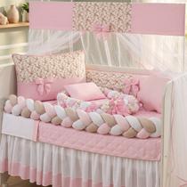 Kit Protetor Berço Menina com Ninho Redutor Completo Americano e Normal Doce Rosa Rosa Luxo