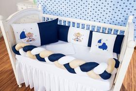 Kit Protetor Berço Nacional Americano Ursinho Lua Marinho Menino 6 peças com lençol elastico