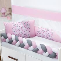 Kit Protetor Berço Normal Nuvem Estrela Lua Rosa Menina 6 Peças Pronta entrega