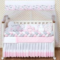 Kit Protetor Berço Nuvem Trança Menina Rosa 11 Peças Kit Protetor Berço Nuvem Trança Menina Rosa 11 Peças