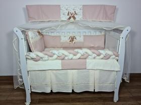 Kit Protetor Berço Trança Americano 8 Peças Laço Nude Rosê Floral Kit Protetor Berço Trança Americano 8 Peças Laço Nude Rosê Floral