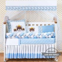 Kit Protetor Berço Trança Americano Urso Familia Azul Menino 12 peças com Saia Berço e mosquiteiro