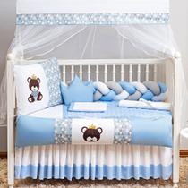 Kit Protetor Berço Trançado Completo Urso Rei Azul Menino 12 peças com travesseiro