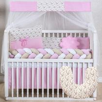 Kit Protetor Berço Trançado Menina Florido Laço Doce de Bebê Rosa + Almofada Amamentação 12 peças