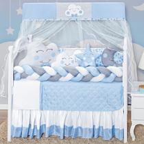 Kit Protetor de Berço Americano Cabeceira Nuvem Estrela Lua Azul Menino 12 Peças
