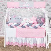 Kit Protetor de Berço Americano Cabeceira Nuvem Estrela Lua Menina Rosa 12 Peças