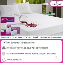 Kit Protetor de Colchão Casal Impermeável com 2 Capas de Travesseiro com Zíper Com Ação Antimicrobiana Contra ácaros Fungos e Bactérias