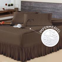 Kit Protetor de Colchão Casal Padrão e 2 Porta Travesseiro Impermeável + Saia Box Tabaco