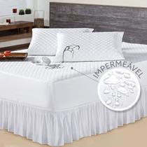 Kit Protetor de Colchão Casal Queen e 2 Porta Travesseiro Impermeável + Saia Box Branco