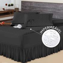 Kit Protetor de Colchão Casal Queen e 2 Porta Travesseiro Impermeável + Saia Box Preto