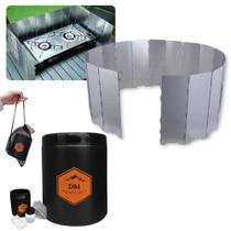 Kit Protetor de Vento para Fogareiro 1,48m Dobravel + Shit Tube 1l Coletor Porta Dejeto Camping Trilha