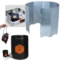 Kit Protetor de Vento para Fogareiro 75cm Aluminio Dobravel + Shit Tube 1l Coletor Porta Dejeto Camping Trilha