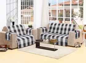 Kit protetor sofa 2 e 3 lugares tear 100% algodão xadrez preto cru - GOUVEA TEXTIL