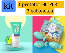 Kit protetor solar FPS60 kids + 1 caixa sabonete em barra festa no mar Naturé - 3 unid 90g cada.