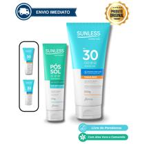 Kit Protetor Solar Toque Seco 200g Sunless + Loção Pós Sol Aloe Vera e Camomila 120g Kit Protetor Solar Toque Seco 200g Sunless + Loção Pós Sol Aloe Vera e Camomila 120g