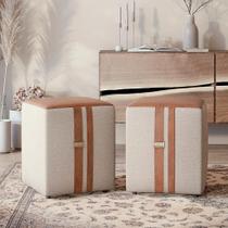 Kit Puf Banqueta Quadrado Linho e Couro - Domus cor Bege / Caramelo