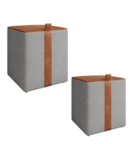 Kit Puff Cadeira no linho Cinza com Detalhe de material sintético Caramelo