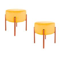 Kit Puff de Luxo Para Quarto Suede Amarelo Base Metálica Cobre - Vallisa Decor