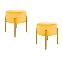 Kit Puff de Luxo Para Quarto Suede Amarelo Base Metálica Dourada - Vallisa Decor