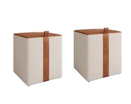 Kit Puff decorativo em suede bege com detalhe em material sintético caramelo Kit Puff decorativo em suede bege com detalhe em material sintético caramelo