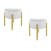 Kit Puff Luxo Base Metálica Dourada Suede Branco - Belliv Decor