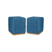 Kit puff quadrado grande estofado cor azul base de madeira