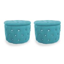 Kit Puff Redondo Classico Capitonê Suede Azul Turquesa - DS Estofados