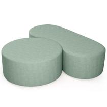 Kit Puff Redondo Lola e Puff Recamier Orgânico Orbit W01 Linho Verde Menta - Lyam Decor