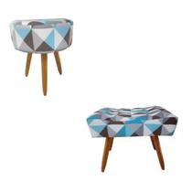 Kit Puff Retangular + Puff Redondo Decorativo Banqueta Pés de Madeira Palito Triangulo Azul Kit Puff Retangular + Puff Redondo Decorativo Banqueta Pés de Madeira Palito Triangulo Azul