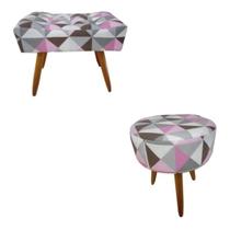 Kit Puff Retangular + Puff Redondo Decorativo Banqueta Pés de Madeira Palito Triangulo Rosa