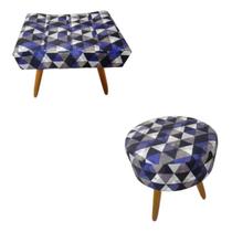 Kit Puff Retangular + Puff Redondo Decorativo Banqueta Pés de Madeira Palito Triangulo Roxo