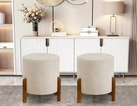 kit Puff Thor Redondo Luxo Decorativo Charme com Pés de madeira Linho Bege