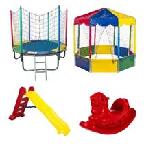 Kit Pula Pula Trampolim 1,83m Piscina de Bolinhas Oitavada 2,00m Escorregador Grande Gangorra