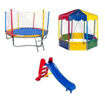 Kit Pula Pula Trampolim 2,30m + Piscina de Bolinhas Oitavada 2,00m Picadeiro + Escorregador Médio