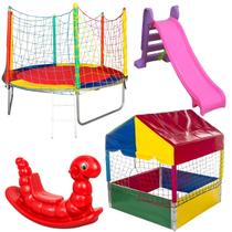 Kit Pula Pula Trampolim 2,30m Piscina de Bolinhas Quadrada 1,00m Escorregador Médio Gangorra 1 Lugar
